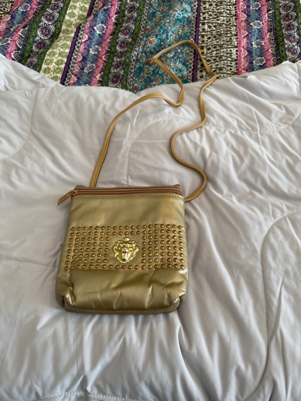 Pinky Metallic Gold Crossbody with Stud and Lion Emblem